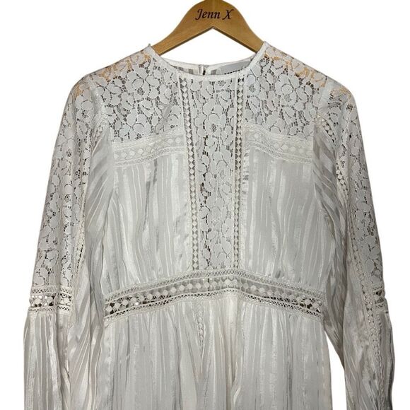 Reclaimed Vintage White Long Sleeve A-line Dress Size 6 Lace Ruffle Open Back - Picture 3 of 9